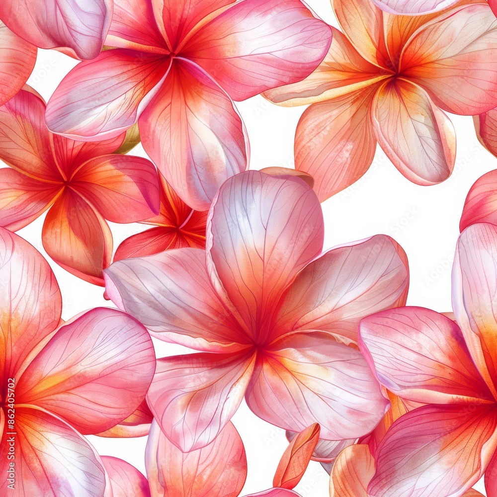 Fototapeta premium Plumeria Flowers, seamless pattern, small scale pattern, hand drawn flat art, watercolor, clean illustration, white background