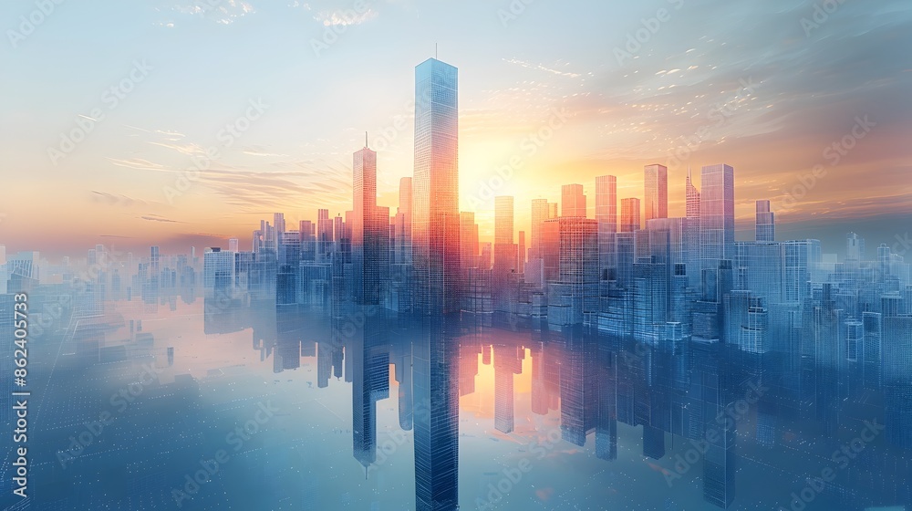 Sleek Modernist Wireframe Skyscraper Gleaming in Futuristic Cityscape Digital Artwork Sleek Modernist Wireframe Skyscraper Gleaming in Futuristic Cityscape Digital Artwork