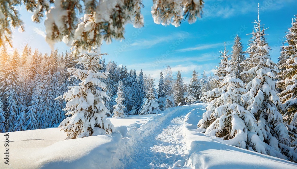 Winter landscape with fair trees under the snow. Scenery for the tourists. Christmas holidays. Trampled path in the snowdrift. Winter landscape with fair trees under the snow. Scenery for the tourists. Christmas holidays. Trampled path in the snowdrift.