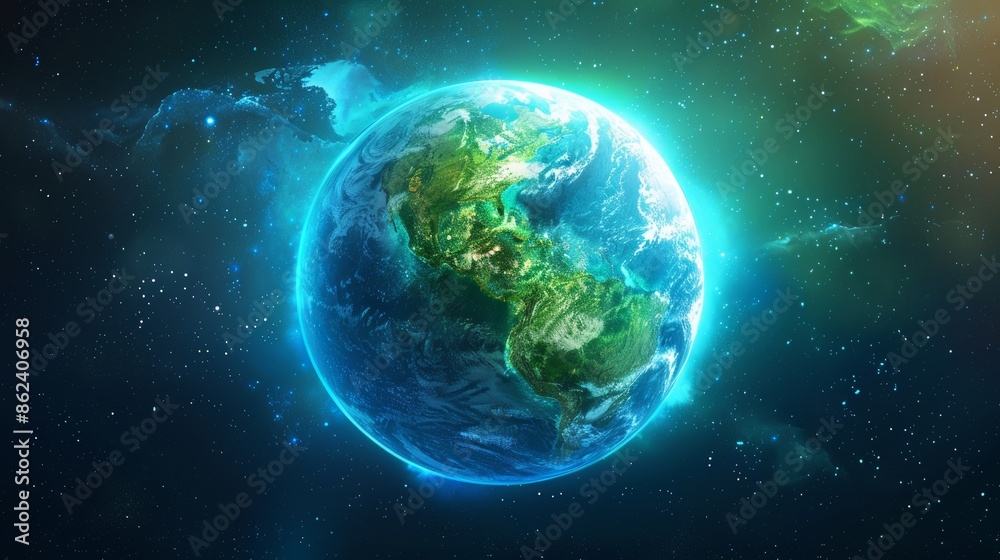 Illuminated globe of the Earth in blue and green, glowing vibrantly, raw and detailed, showcasing the planet's natural colors Illuminated globe of the Earth in blue and green, glowing vibrantly, raw and detailed, showcasing the planet's natural colors