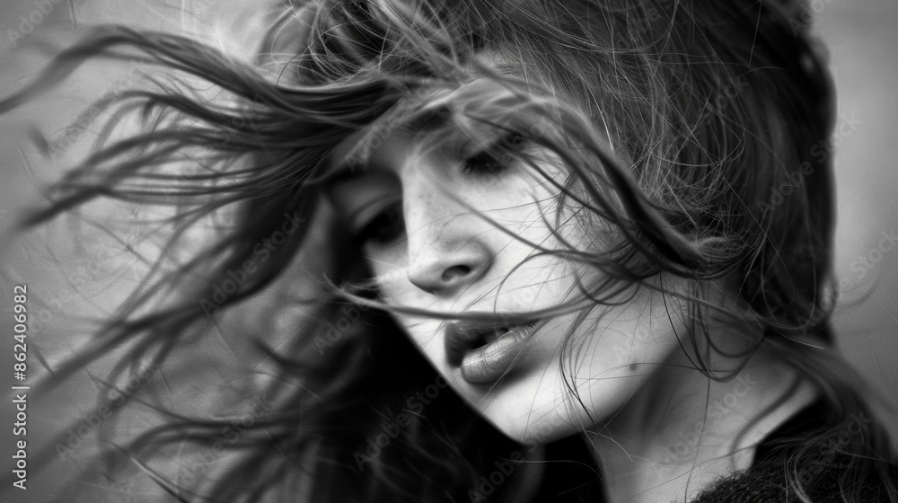 Wild and free her windswept hair reflecting her untameable spirit. Black and white art Wild and free her windswept hair reflecting her untameable spirit. Black and white art