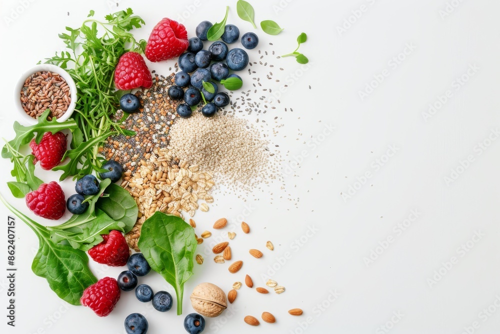 Top view of fresh fruits, seeds, and greens on white background for healthy eating and superfood concept. Top view of fresh fruits, seeds, and greens on white background for healthy eating and superfood concept.