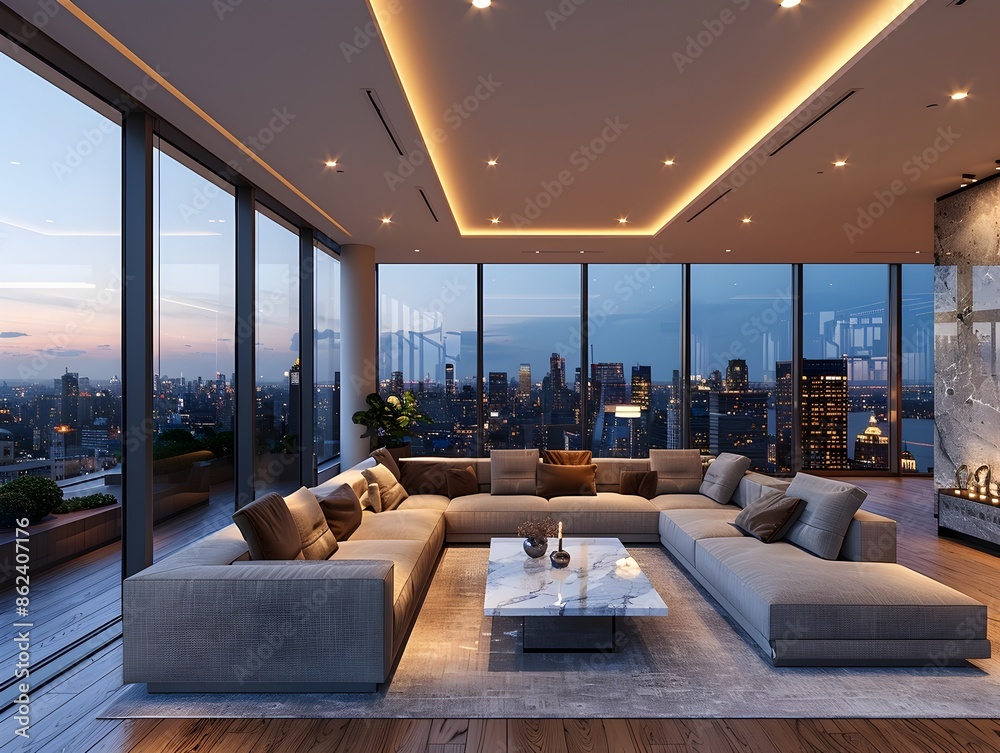 ภาพประกอบสต็อก Sleek and sophisticated penthouse living space with ...