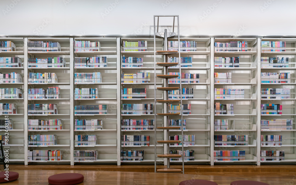 Fototapeta premium Bookcases with ladders in the library. Blur background.