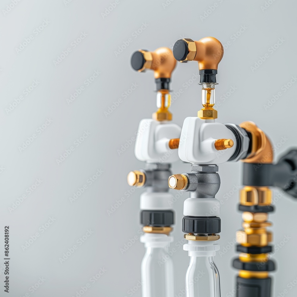 Close-up of modern brass valves and connectors in a clean industrial setting, showcasing precision engineering and high-quality materials. Close-up of modern brass valves and connectors in a clean industrial setting, showcasing precision engineering and high-quality materials.