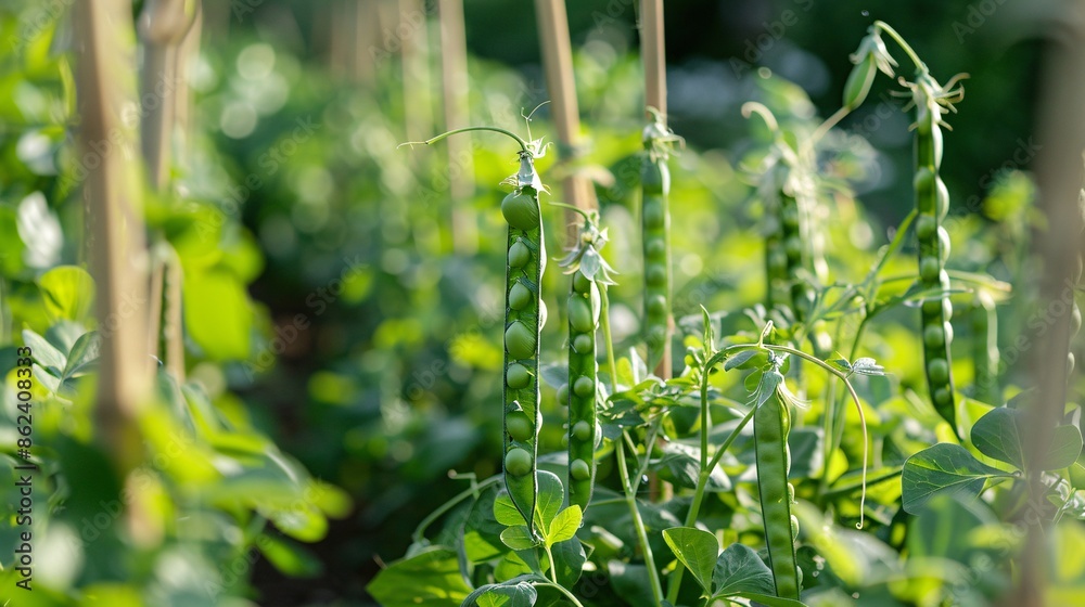 Sun-drenched garden scene featuring dense pea plants with many green pea pods ready for harvest, surrounded by natural elements such as wooden stakes and a backdrop of other vegetable plants Sun-drenched garden scene featuring dense pea plants with many green pea pods ready for harvest, surrounded by natural elements such as wooden stakes and a backdrop of other vegetable plants