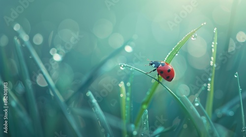 A ladybug is sitting on a leaf in a field. Generate AI image © Ashalina