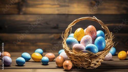 The Rustic Easter Eggs Nest Display with Intricate Designs and a Cozy Wooden Background. Ideal for use in holiday-themed projects, greeting cards, promotional materials, and seasonal decorations photo