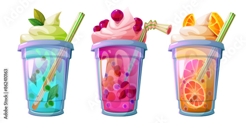 Bubble tea cups set isolated on white background. Vector cartoon illustration of cool boba beverages with fresh mint, cherry, orange, decorated with whipped cream, fruit and straw, cafe menu icons