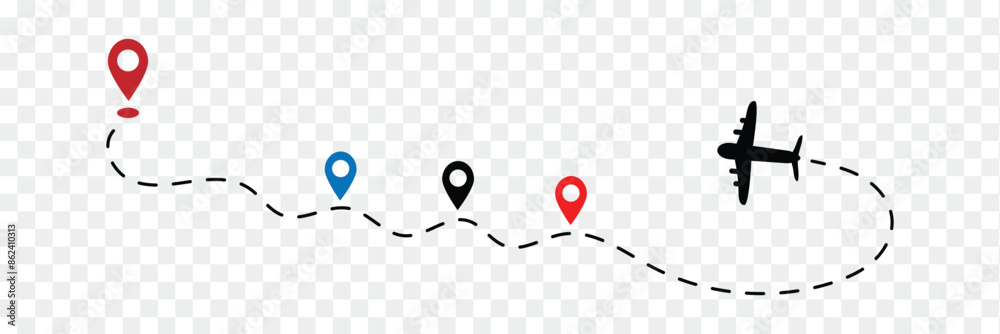 Airplane routes. Travel vector icon. Travel from start point and dotted line tracing. Travel route icon. Airplane routes. Travel vector icon. Travel from start point and dotted line tracing. Travel route icon.