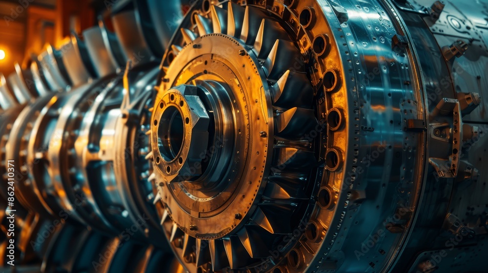 Massive industrial turbine engine, illustrating technological advancements, raw style, precision engineering and power, detailed view Massive industrial turbine engine, illustrating technological advancements, raw style, precision engineering and power, detailed view