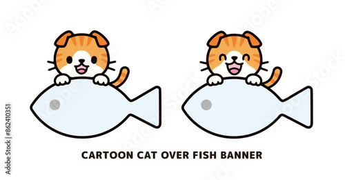 魚の形の看板を持つかわいいスコティッシュフォールドのイラストセット