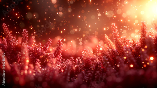A field of red flowers with a bright sun shining on them. The flowers are in a blurry, dreamy effect © RedPanda