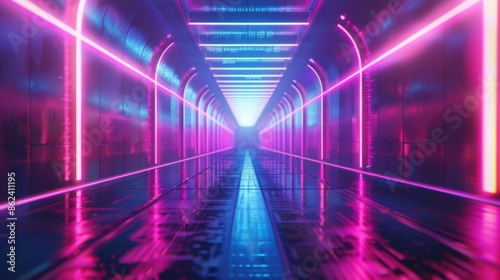 A neon-lit tunnel with vibrant pink and blue lights reflecting off the surfaces, creating a futuristic and immersive atmosphere.