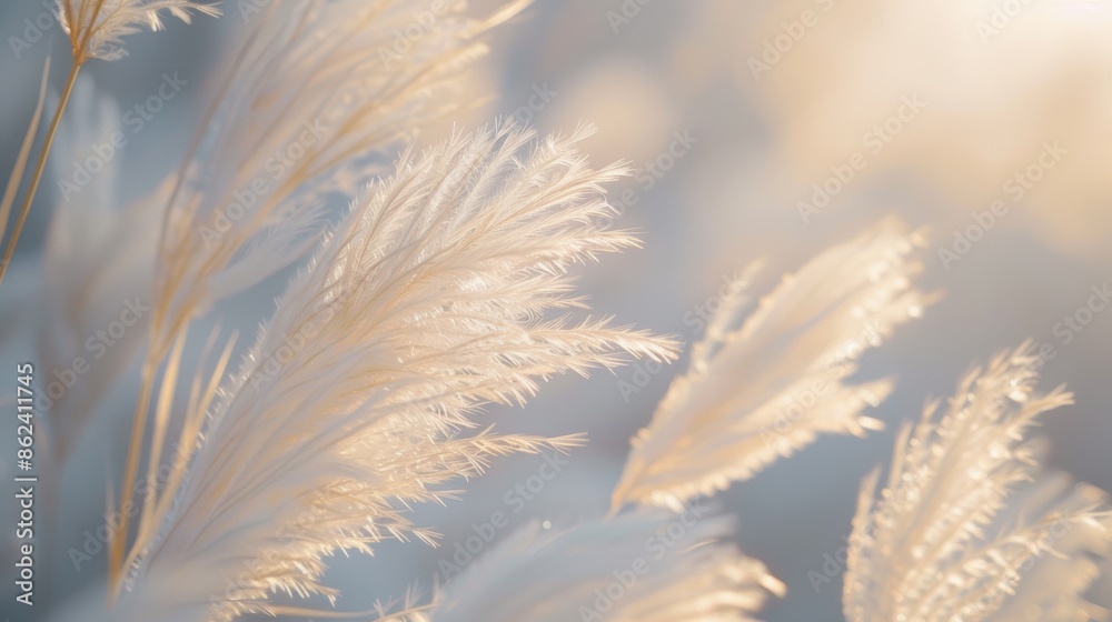 Close-up of delicate, white feathery pampas grass gently swaying in the breeze with a soft, pastel background. Close-up of delicate, white feathery pampas grass gently swaying in the breeze with a soft, pastel background.