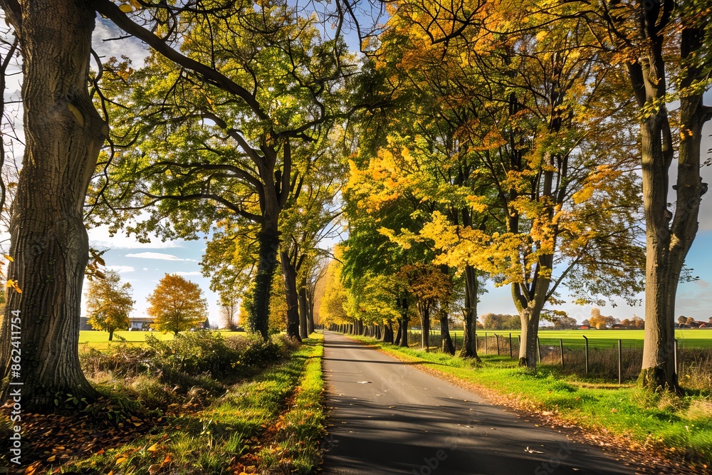 Long Stretch of Rural Road with Vibrant Fall Foliage and Open Fields Long Stretch of Rural Road with Vibrant Fall Foliage and Open Fields