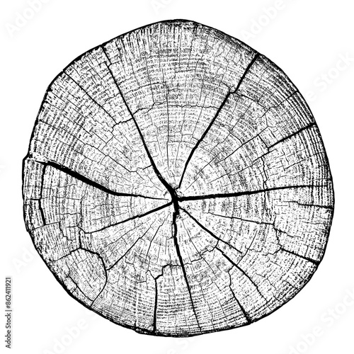 Wood texture cross section of tree rings. Cut slice of wooden stump isolated on white. Textured surface with rings and cracks. Black background made of hardwood from the forest. Vector, EPS 10.	