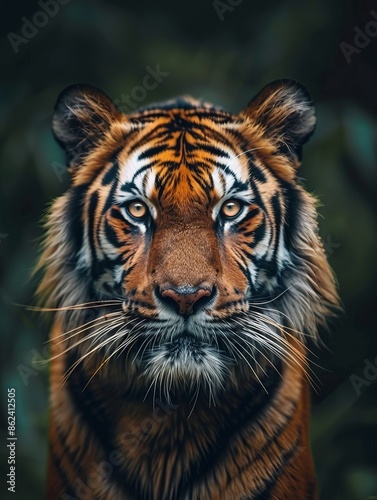 Majestic Tiger in Dense Forest with Intense Gaze and Vibrant Stripes photo