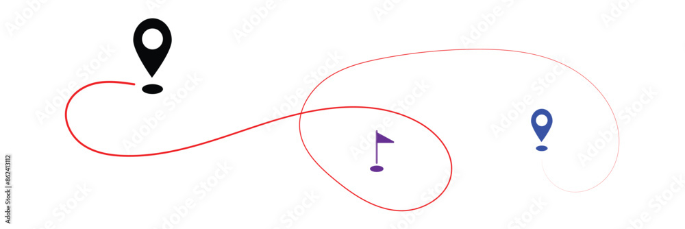 Route icon between two points with dotted path and location pin. Location pointer continuous one line drawing. GPS navigation line route mark. Travel route icon. Route icon between two points with dotted path and location pin. Location pointer continuous one line drawing. GPS navigation line route mark. Travel route icon.
