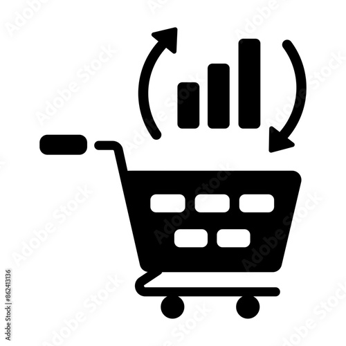 Trolley with bar chart and arrows showing purchase frequency, solid icon 