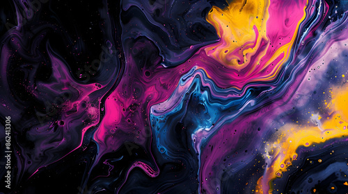 Artistic depiction of tropical colors on a midnight black canvas, showcasing banana yellow, hibiscus pink, and orchid purple swirling into a vibrant pool