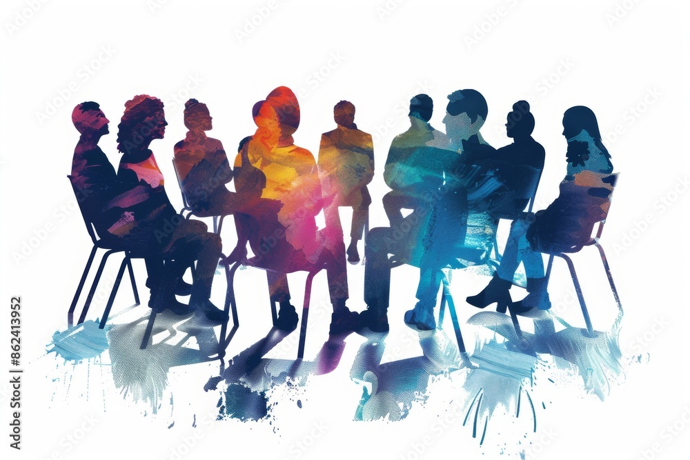 © Thi - A group of people sitting in a circle, engaged in a lively discussion, showcasing active participation and communication © Thi - A group of people sitting in a circle, engaged in a lively discussion, showcasing active participation and communication