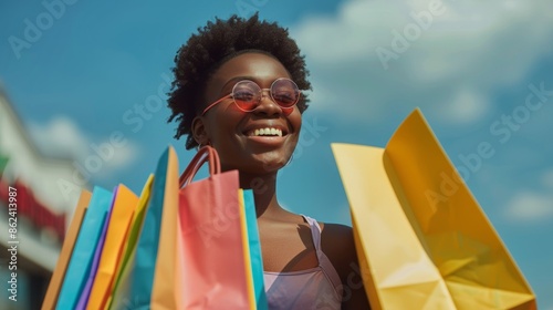 A cheerful shopper joyfully holding multiple shopping bags, symbolizing a successful and satisfying shopping experience photo