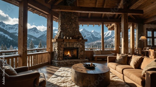 Cozy Mountain Cabin Living Room with Stone Fireplace and Stunning Snowy Mountain View © Андрій Гатченко