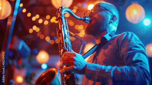 Musician playing saxophone on stage photo