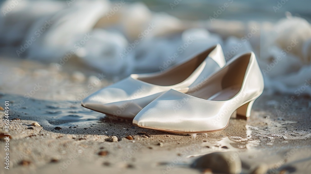 Satin wedding shoes in white, placed delicately on a beach, symbolizing love, beach wedding vibes, raw texture, elegant and serene Satin wedding shoes in white, placed delicately on a beach, symbolizing love, beach wedding vibes, raw texture, elegant and serene