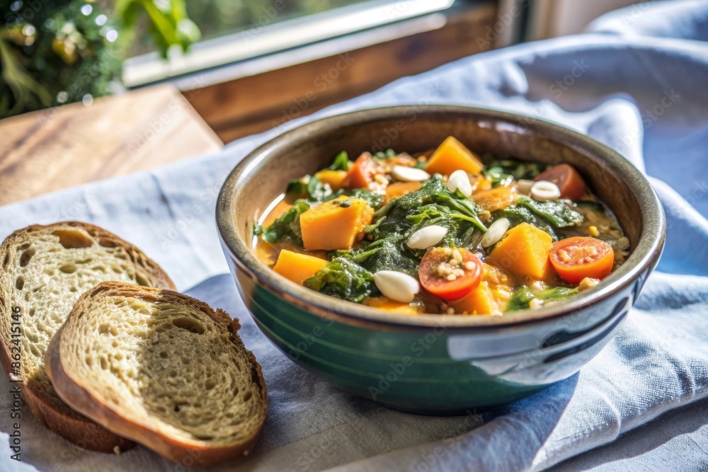 A nutritious vegetable stew made with spinach, tomatoes, and sweet potatoes, accompanied by rustic bread. Suitable for the DASH diet. A nutritious vegetable stew made with spinach, tomatoes, and sweet potatoes, accompanied by rustic bread. Suitable for the DASH diet.