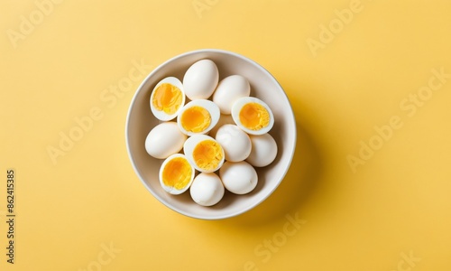 Boiled eggs in a white bowl on a yellow background
