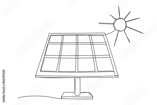 Solar panel and sun one line illustration isolated on white. Doodle outline continuous icon. Sustainable power