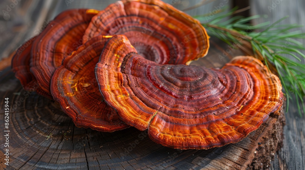 Reishi mushroom on a wooden surface, highlighting its health benefits and popularity as a superfood, detailed and raw, vibrant hues