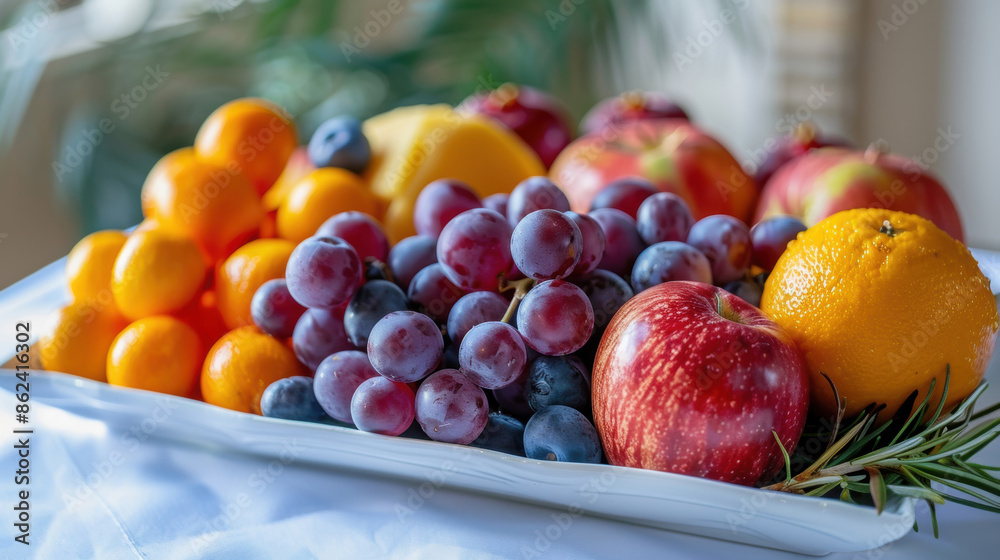 A white bowl filled with a variety of fresh fruits including grapes, apples, and oranges, arranged to showcase their vibrant colors. A white bowl filled with a variety of fresh fruits including grapes, apples, and oranges, arranged to showcase their vibrant colors.