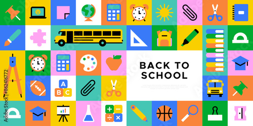 Colorful back to school geometric mosaic web banner. Modern flat education cartoon icon background, fun study concept illustration. Children stationery template, college subject symbol design.