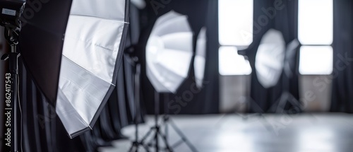 Professional photography studio setup with softbox lights and backdrops, ready for a photoshoot session. Perfect for commercial use. photo