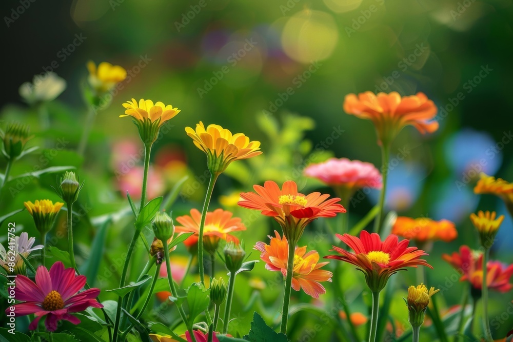 A vibrant nature scene featuring colorful flowers in primary hues A vibrant nature scene featuring colorful flowers in primary hues