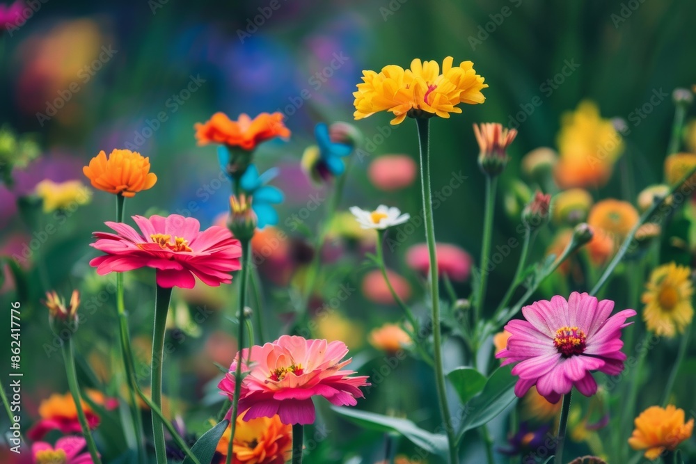 A vibrant nature scene featuring colorful flowers in primary hues A vibrant nature scene featuring colorful flowers in primary hues
