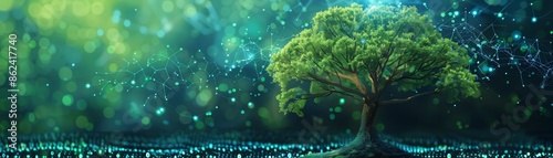 Economic growth as a digital tree, modern, green and blue, vector art, symbolic, tree growing with data branches photo