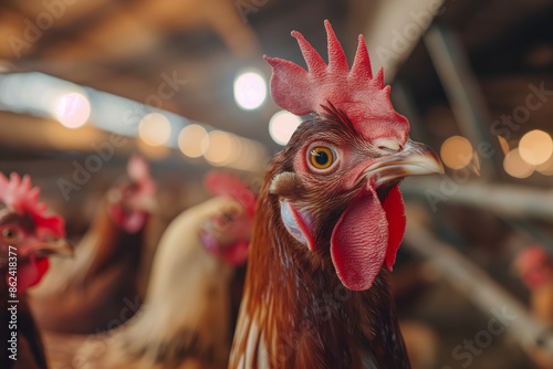 CloseUp of Chickens in a Barn with Soft Lighting and Bokeh Effect