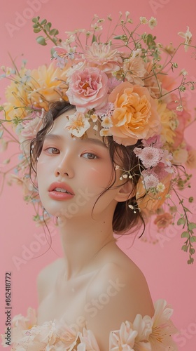 Magazine cover, a woman with a body made of flowers, pastel color solid background