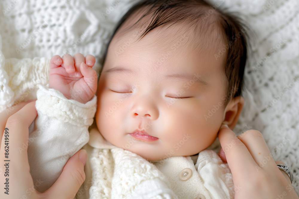 Peaceful Sleeping Newborn Baby With Gentle Hand Touch and Cozy Clothing Peaceful Sleeping Newborn Baby With Gentle Hand Touch and Cozy Clothing