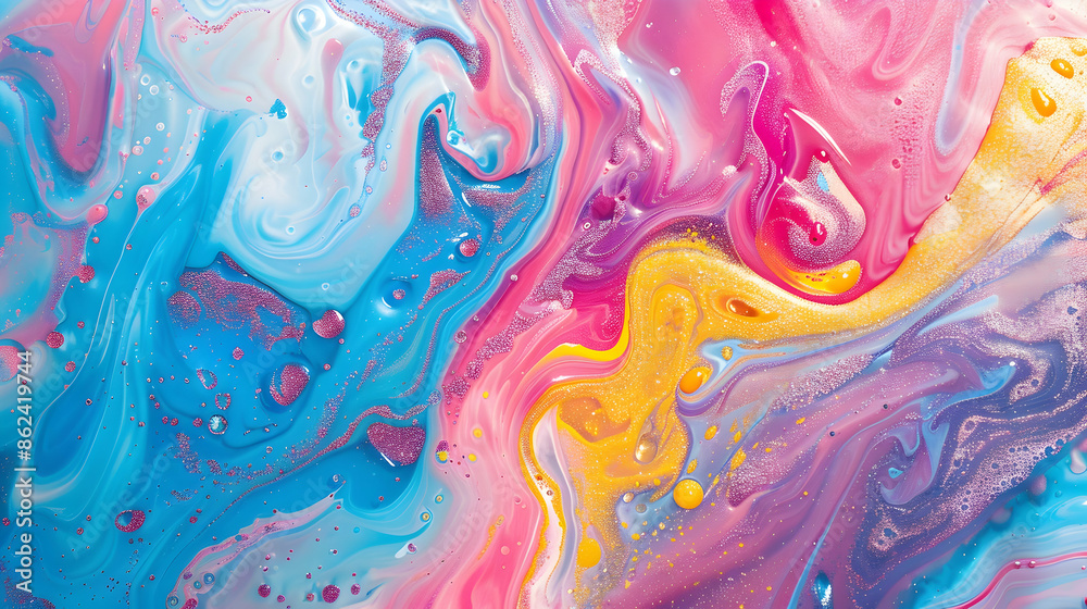Bright abstract flow. Sequined ink. Fluid art. Mixed vivid blue pink yellow red oil droplets rotating on water surface with shimmer Bright abstract flow. Sequined ink. Fluid art. Mixed vivid blue pink yellow red oil droplets rotating on water surface with shimmer