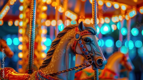 Close-up of a carousel horse adorned with intricate decorations, surrounded by colorful lights at a night-time amusement park.