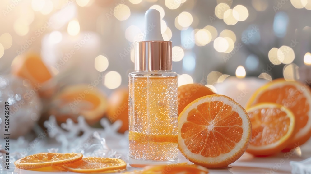A bottle of orange essential oil with fresh orange slices and festive bokeh lights in the background, evoking freshness and vitality. A bottle of orange essential oil with fresh orange slices and festive bokeh lights in the background, evoking freshness and vitality.
