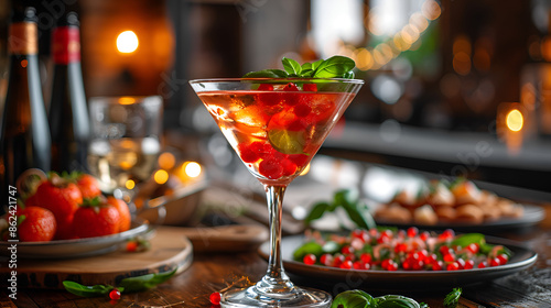 A refreshing cocktail garnished with berries and mint leaves, placed on a wooden table.