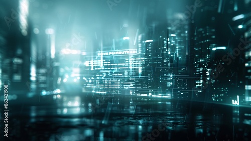 In a futuristic cityscape, a holographic business closure notice glows in front of a darkened storefront, indicating bankruptcy and forewarning of future economic impacts. The scene includes ample