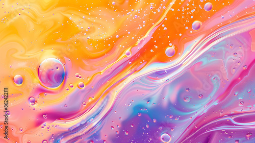 Bright color wave. Shimmer paint. Fluid art. Mixed vivid orange cyan pink purple oil droplets twirling on water surface with shimmer