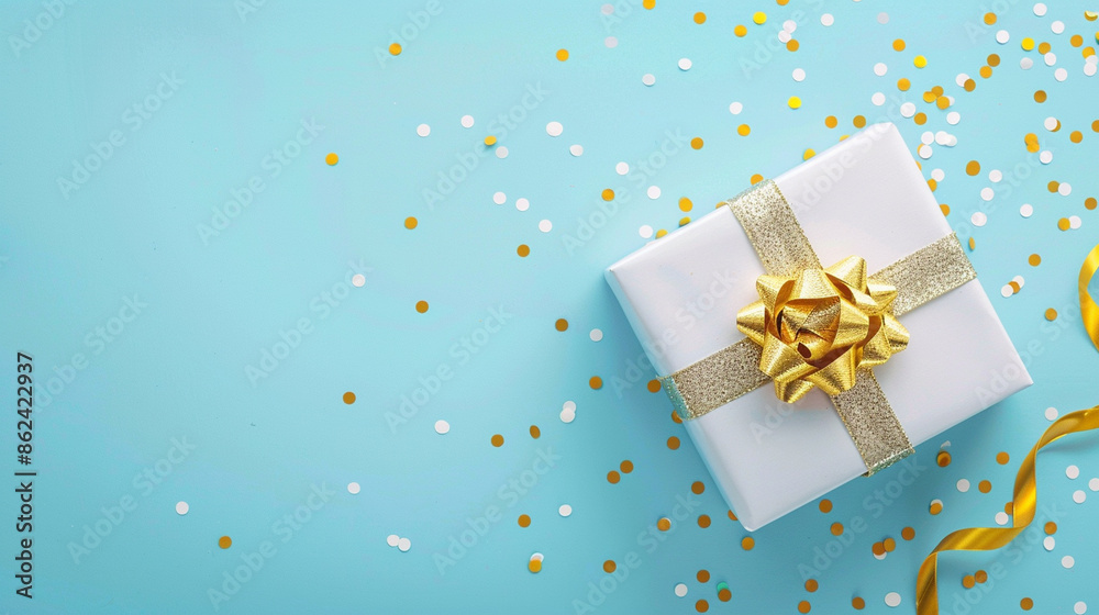 A series of festive images featuring white gift boxes with golden ribbons and bows, surrounded by gold and white confetti, set against a light blue background, perfect for celebrations and special occ A series of festive images featuring white gift boxes with golden ribbons and bows, surrounded by gold and white confetti, set against a light blue background, perfect for celebrations and special occ